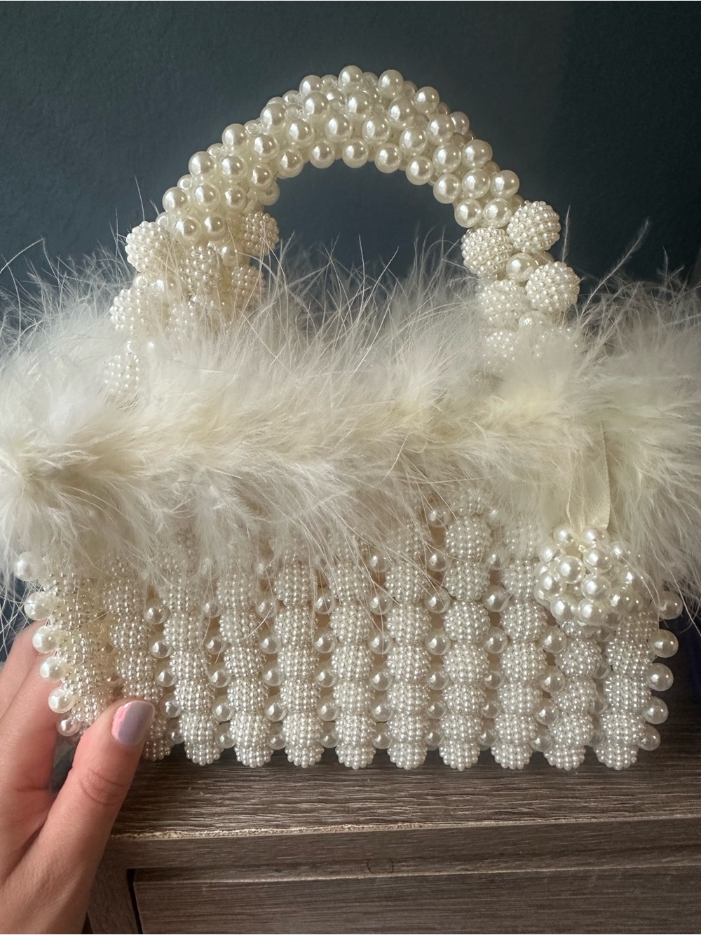 Show me your Mumu Pearl Beaded Faux-Fur Top Handle Bag - Cream